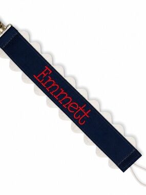 Navy Scalloped Paci Clip with Red Embroidered Emmett